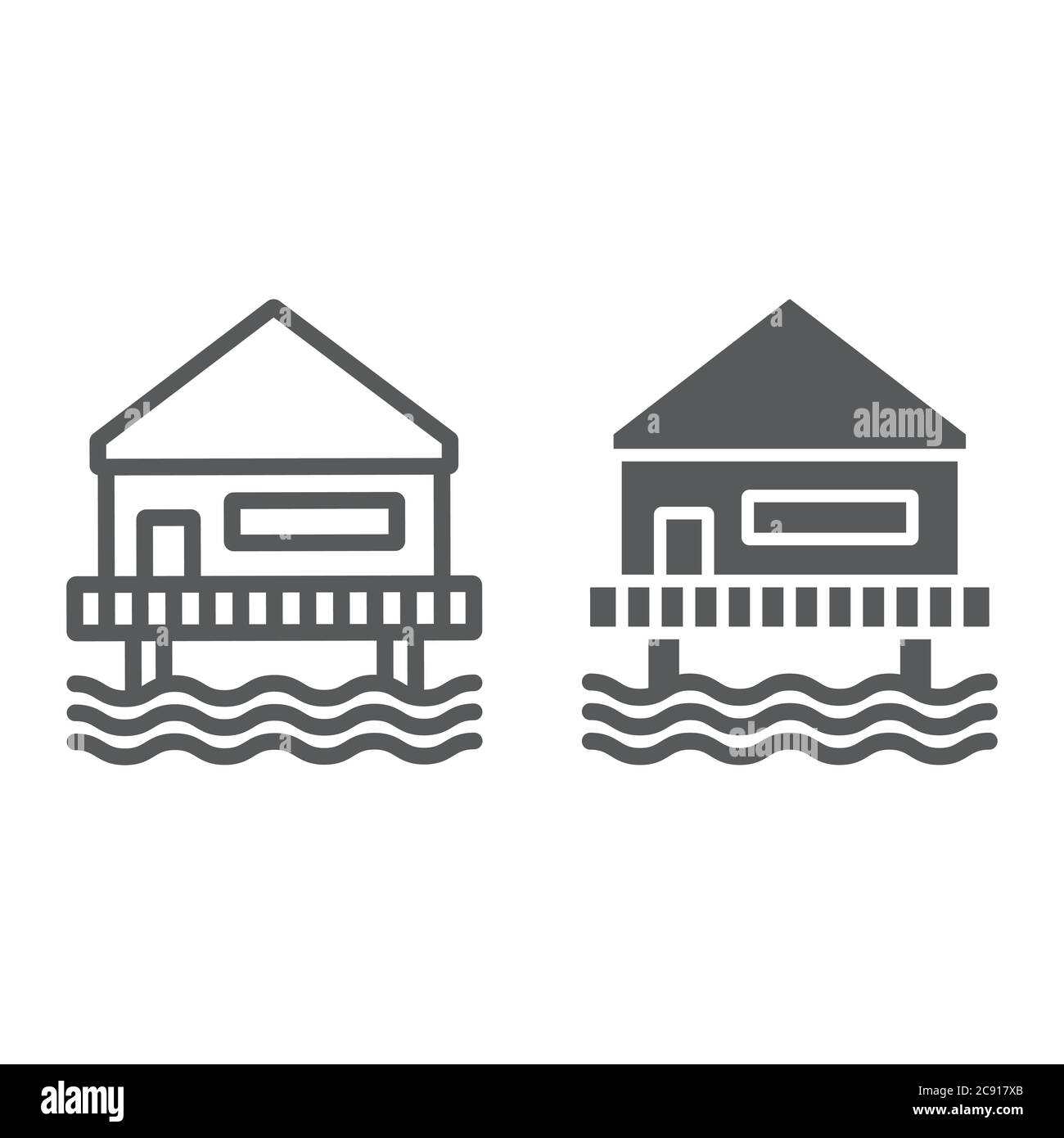 Spiaggia linea bungalow e icona glifo, mare e capanna, segno casa spiaggia, grafica vettoriale, un motivo lineare su uno sfondo bianco. Illustrazione Vettoriale