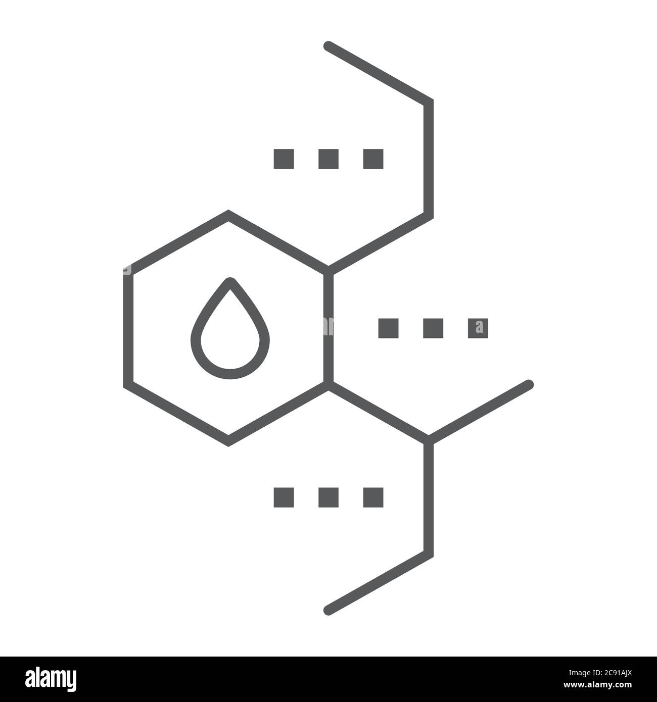 Icona a linea sottile di molecola di olio, chimica e molecolare, segno di formula di olio, grafica vettoriale, un motivo lineare su sfondo bianco. Illustrazione Vettoriale