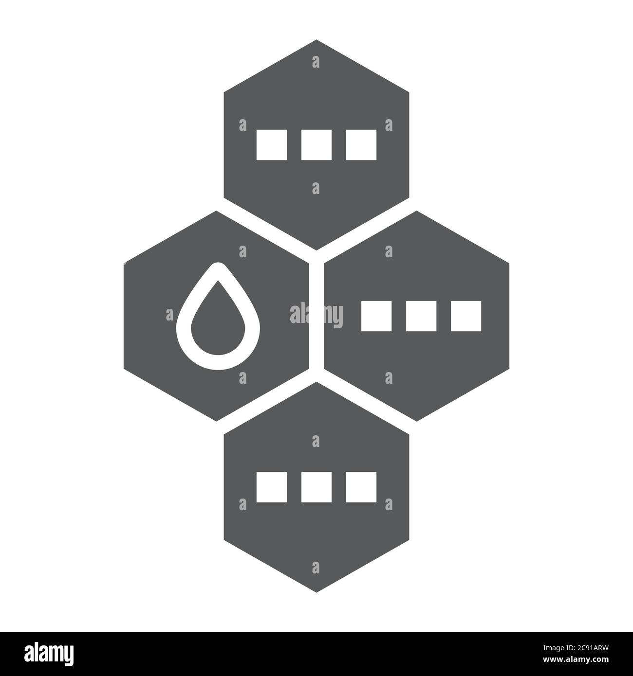 Icona di glifo della molecola dell'olio, chimica e molecolare, segno della formula dell'olio, grafica vettoriale, un motivo solido su sfondo bianco. Illustrazione Vettoriale