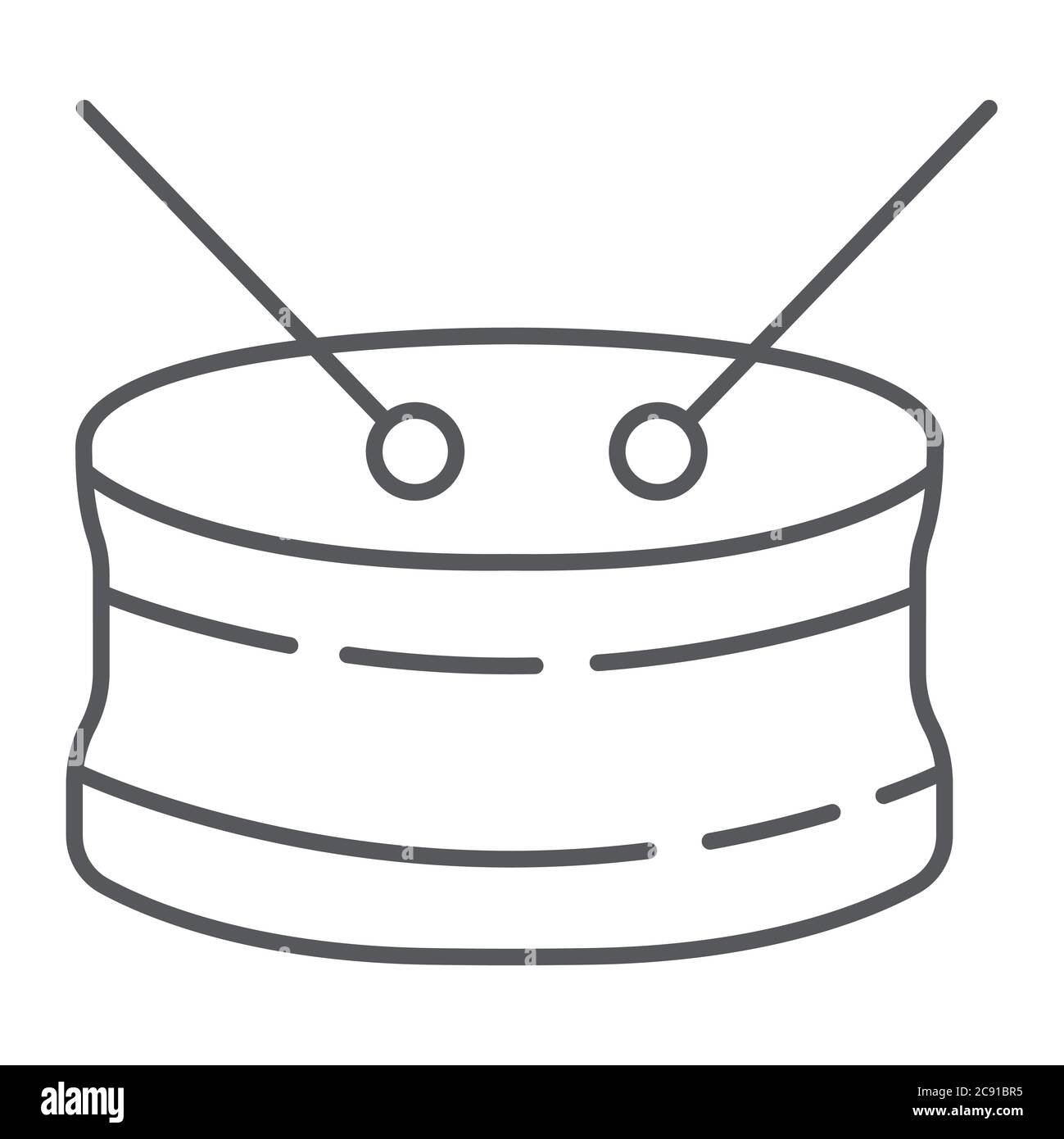 Icona della linea sottile del tamburo di Snare, musical e strumento, segno della batteria, grafica vettoriale, un motivo lineare su uno sfondo bianco. Illustrazione Vettoriale