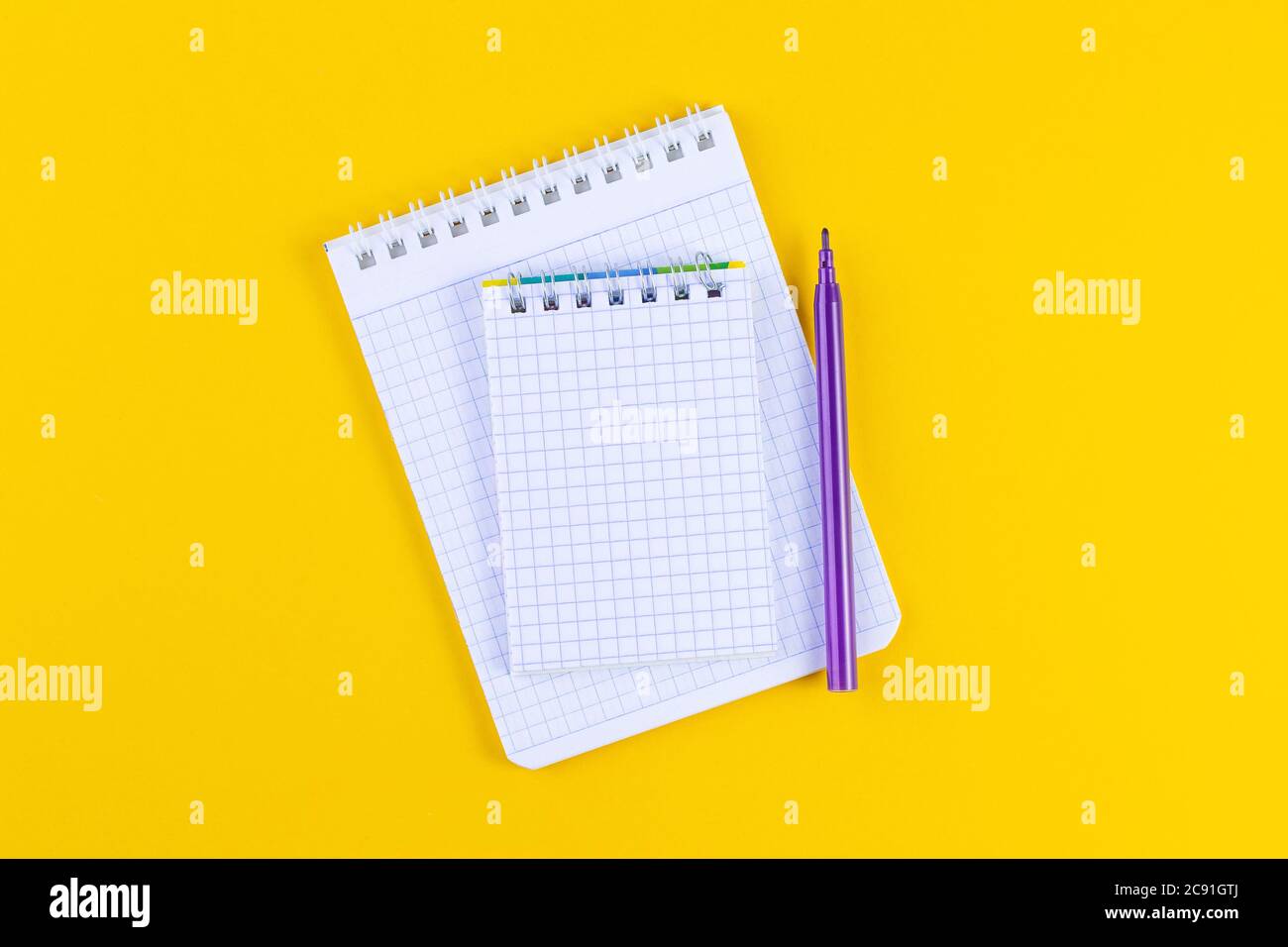 Aprire il notebook su uno sfondo di carta giallo brillante con la penna. Accessorio scolastico con spazio per la copia su sfondo a colori. Il concetto di studio o pianificazione. F Foto Stock