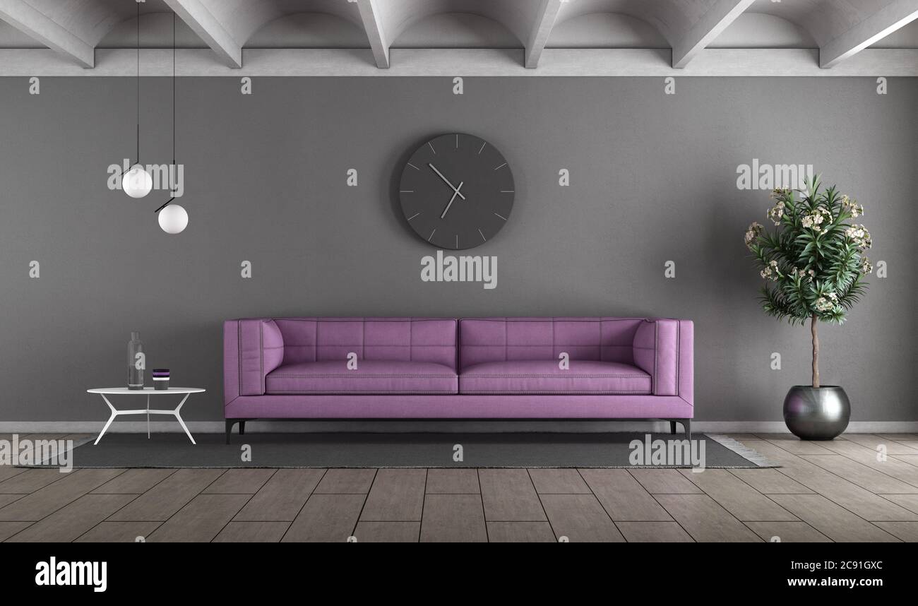 Soggiorno moderno con divano viola contro parete grigia - rendering 3d Foto Stock