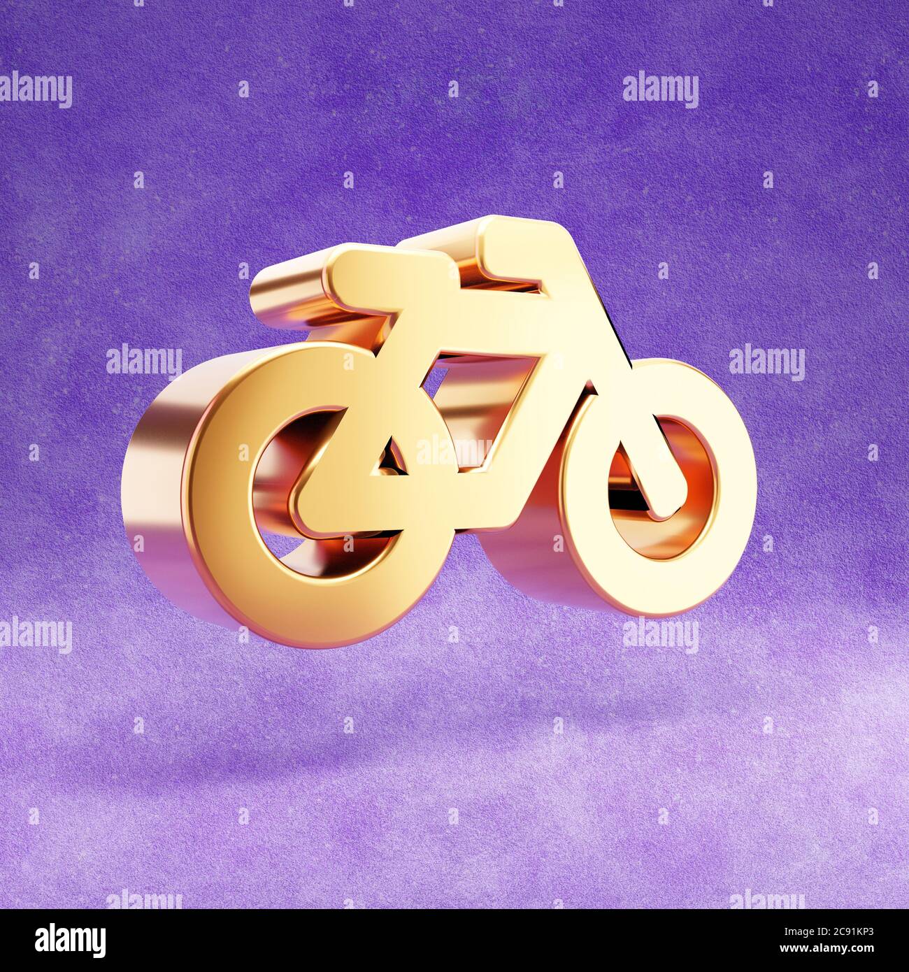 Icona bicicletta. Simbolo lucido della bicicletta in oro isolato su sfondo viola di velluto. Icona moderna per sito Web, social media, presentazione, elemento modello di design. Rendering 3D. Foto Stock