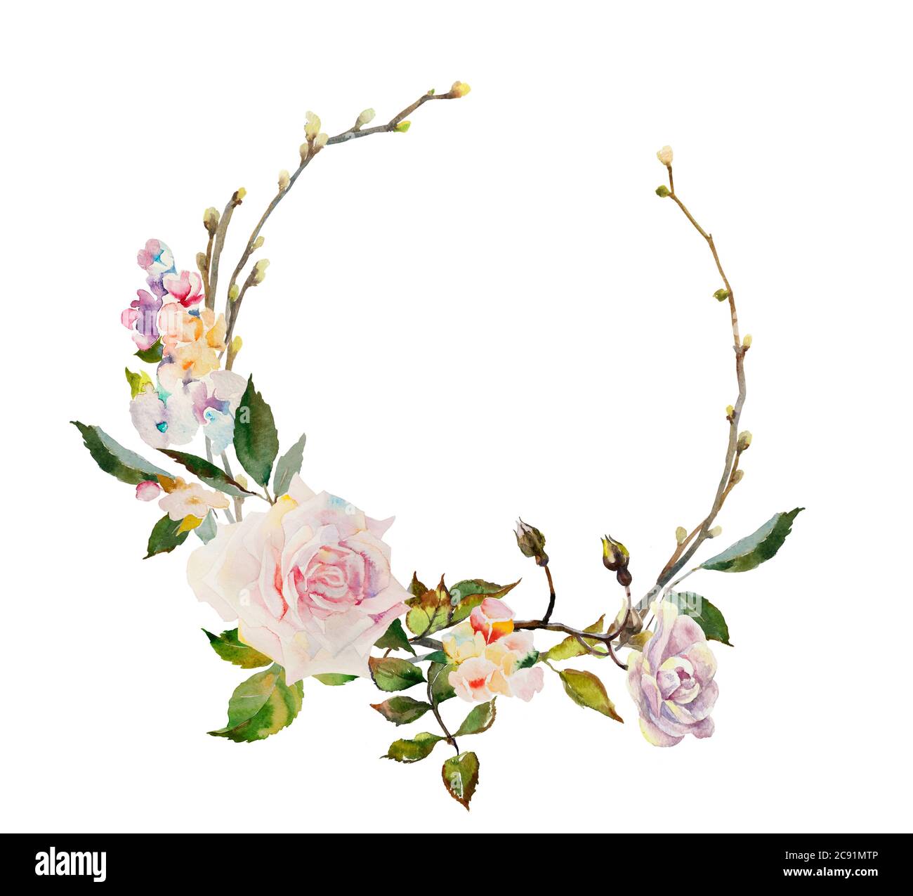Corona floreale acquerello con rose pallidi e ramoscelli con boccioli per design, invito, biglietto di auguri Foto Stock