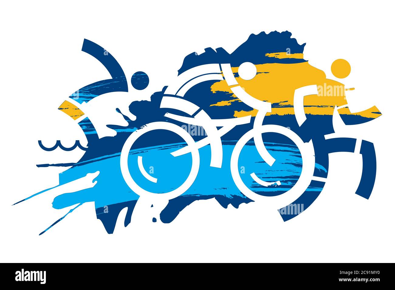 Gara Triathlon, concorrenti. Tre atleti triathlon simboli sullo sfondo grunge. Vettore disponibile. Illustrazione Vettoriale