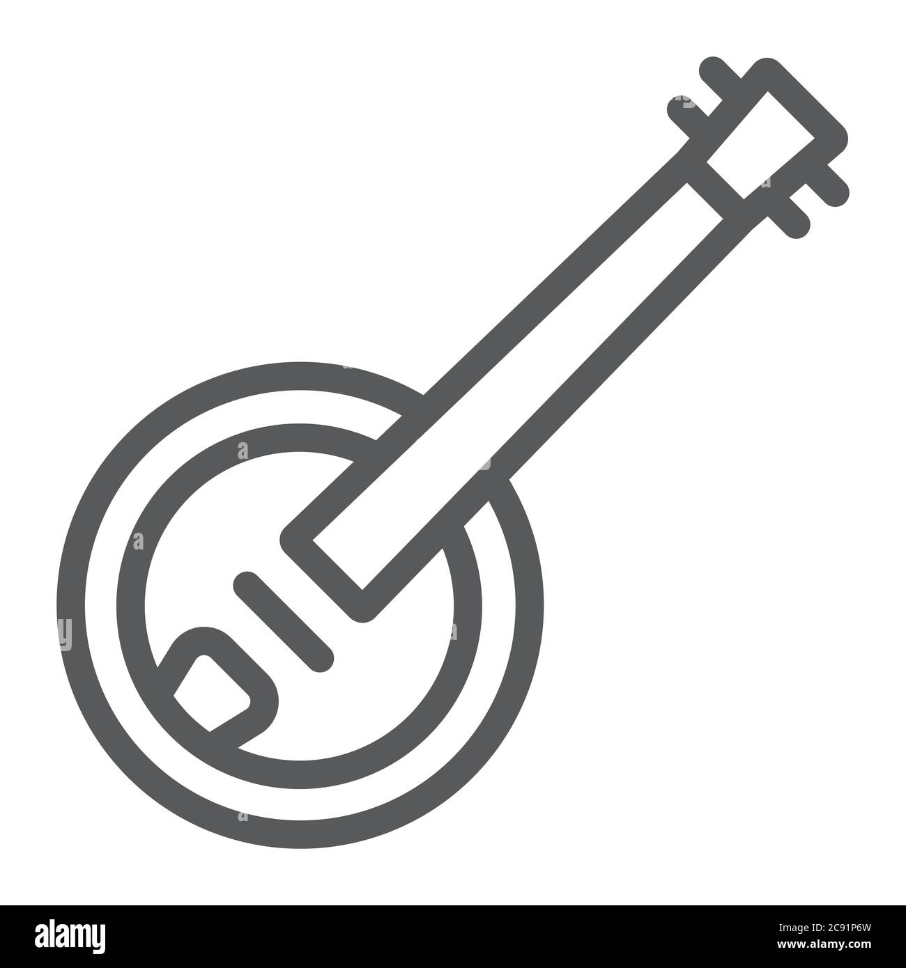 Icona della linea banjo, musica e stringa, segno di strumenti musicali folk, grafica vettoriale, un motivo lineare su sfondo bianco. Illustrazione Vettoriale