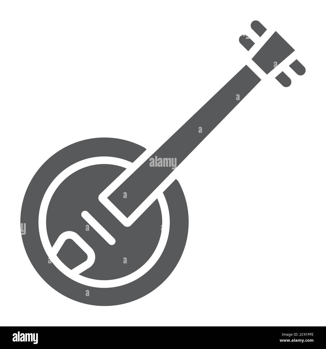 Icona di glifo banjo, musica e stringa, segno di strumenti musicali folk, grafica vettoriale, un motivo solido su sfondo bianco. Illustrazione Vettoriale