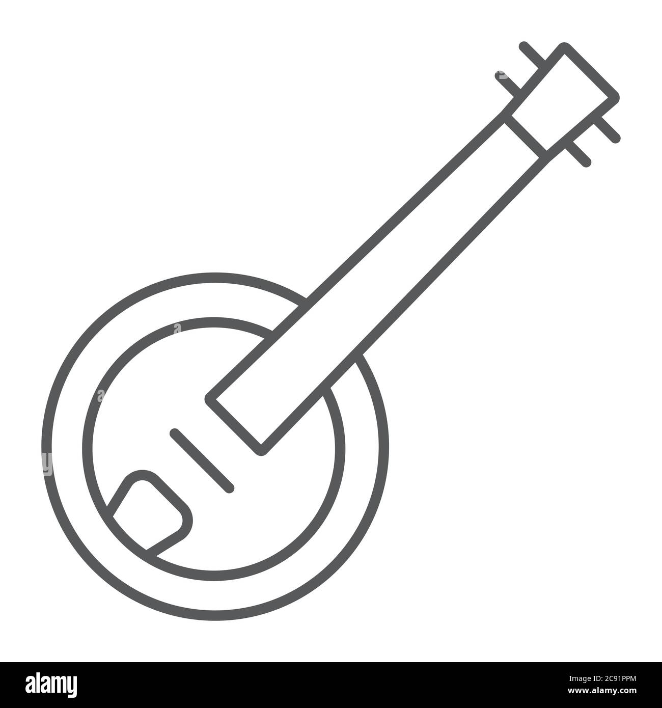 Icona banjo sottile linea, musica e stringa, segno folk strumento musicale, grafica vettoriale, un motivo lineare su uno sfondo bianco. Illustrazione Vettoriale
