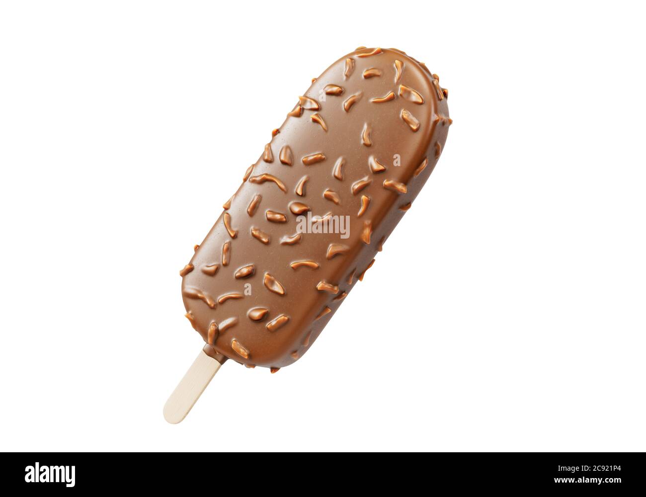 Gelato al cioccolato marrone coperto di noci su sfondo bianco. Isolato. Dolce estivo rinfrescante. Illustrazione 3D realistica Foto Stock