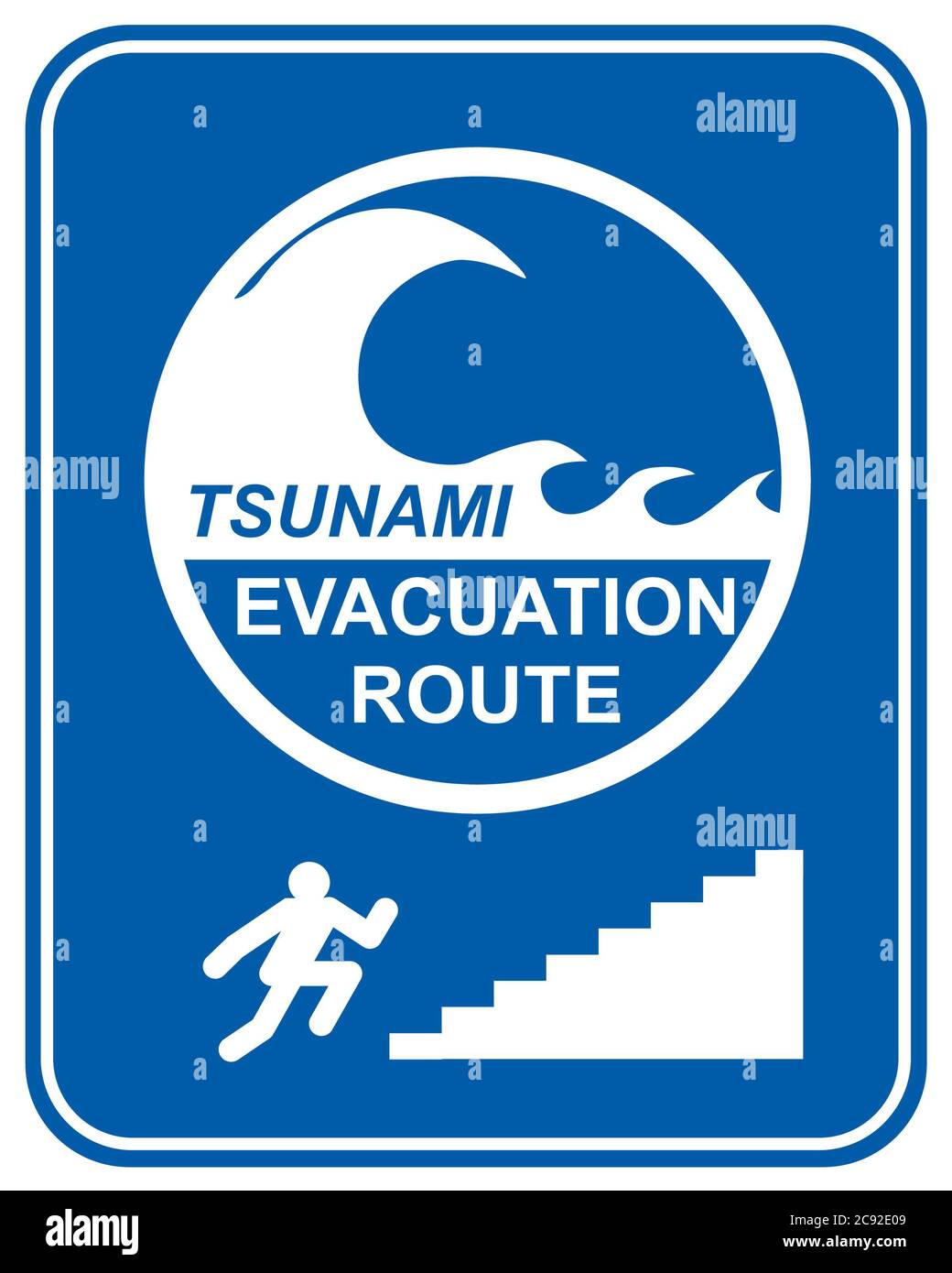Allarme Tsunami segni che mostra i percorsi di evacuazione le direzioni per i pedoni a salire le scale Foto Stock
