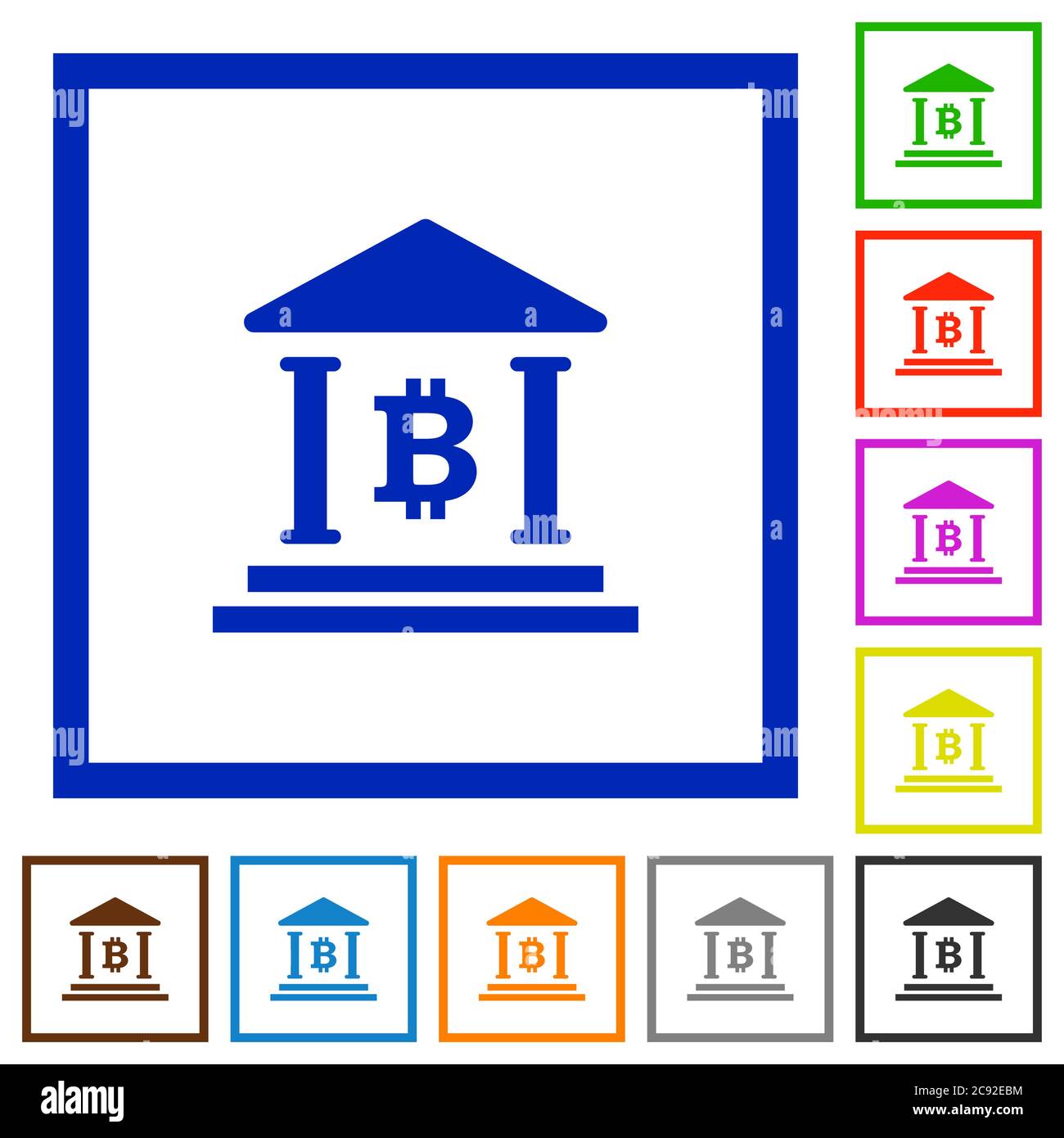 Bitcoin banca ufficio icone a colori piatto in cornici quadrate su sfondo bianco Illustrazione Vettoriale