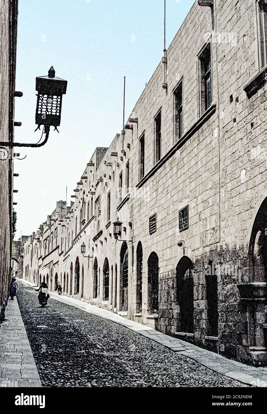 Foto illustration Rhodes  guidare uno scooter su una strada laterale acciottolata nella città vecchia di Rodi, Grecia. Effetto vernice Foto Stock