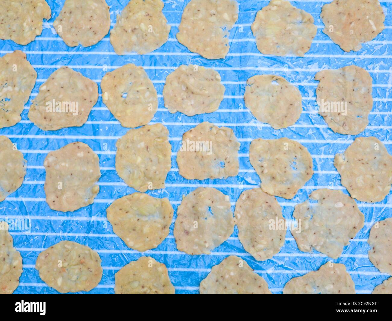 Pappadam, uno spuntino come il tradizionale contorno Kerala per pranzo, fatto di jackfruit crudo spalmato per l'essiccazione, prodotto alimentare fatto in casa Foto Stock