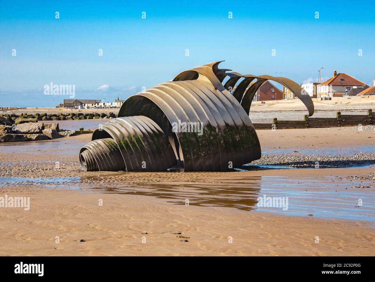 Mary's Shell, un pezzo d'arte pubblica sulla spiaggia di Cleveleys, Borough of Wyre, Lancashire. Foto Stock