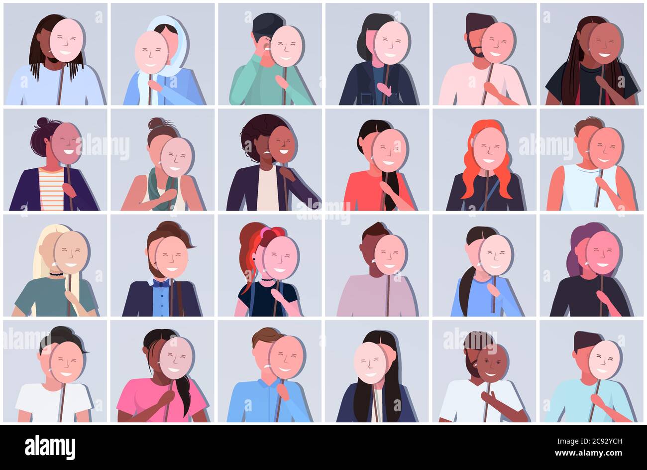 set mix razza persone che tengono maschere positive uomini donne gruppo copertura viso emozioni dietro maschere falso sentimento depressione disturbi mentali concetto avatar collezione ritratto orizzontale vettore illustrazione Illustrazione Vettoriale