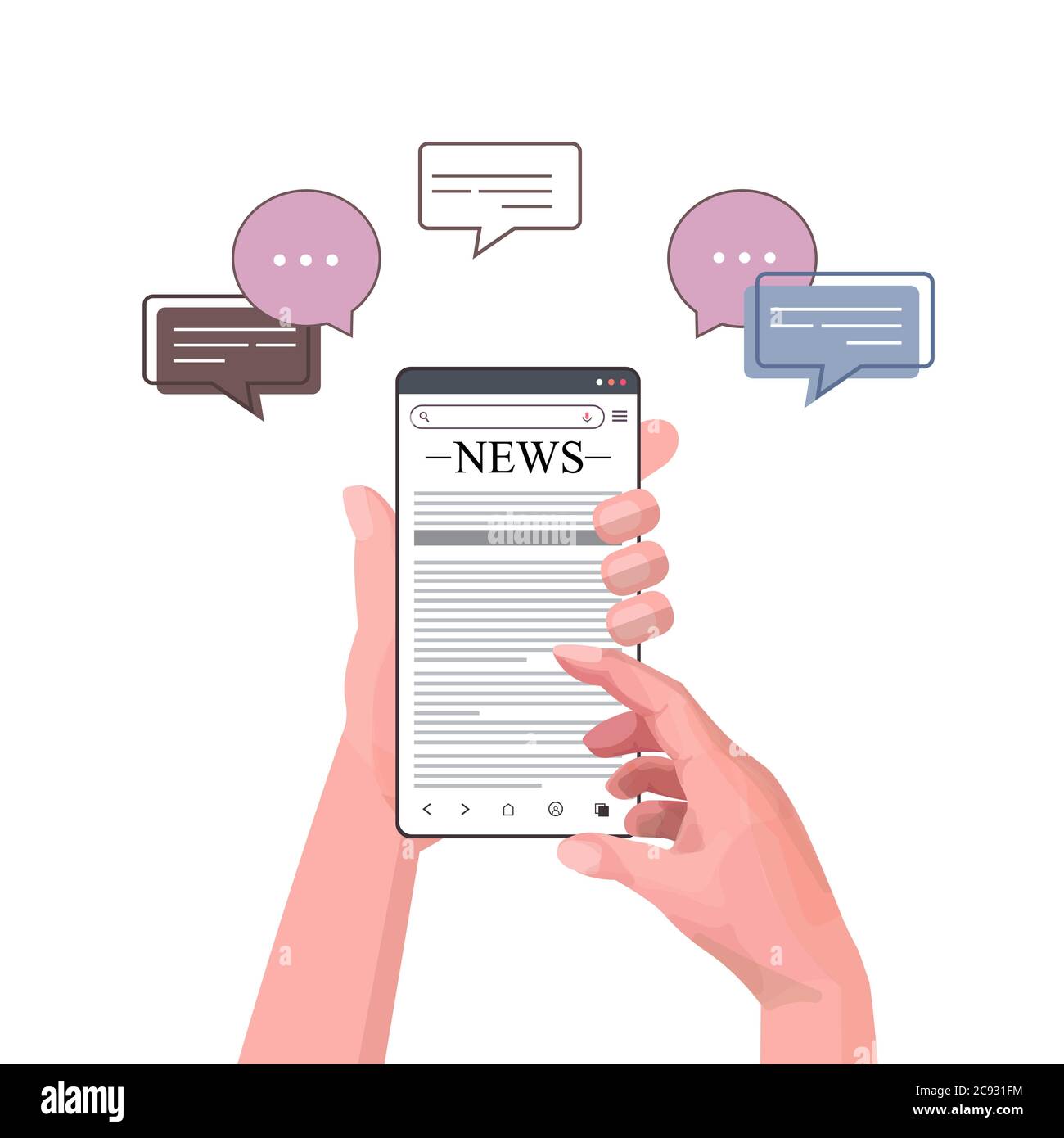 mani umane uso smartphone leggere notizie quotidiano online giornale stampa mass media chat bolla comunicazione concetto illustrazione vettoriale Illustrazione Vettoriale