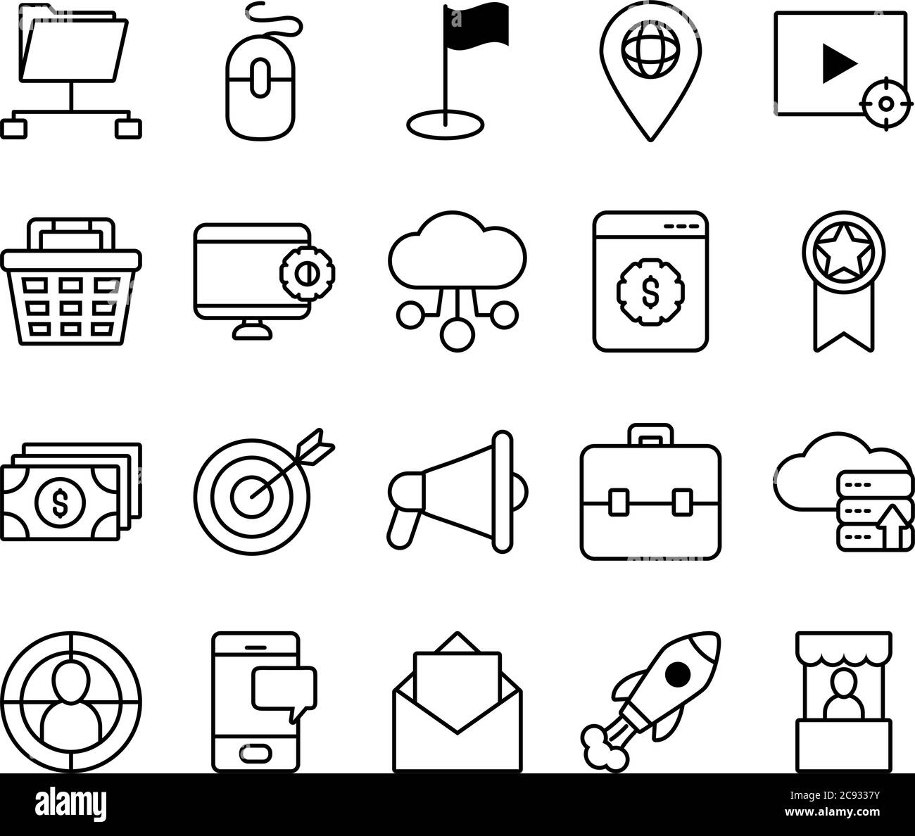 insieme di icone di concetto di megafono e marketing su sfondo bianco, stile di linea, illustrazione vettoriale Illustrazione Vettoriale