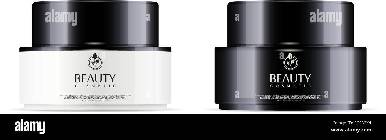 Vasetti per cosmetici o medicinali: Crema, sale, unguento, polvere, con base bianca e coperchio nero. Confezione di cosmetici mockup. Illustrazione vettoriale HQ. Illustrazione Vettoriale