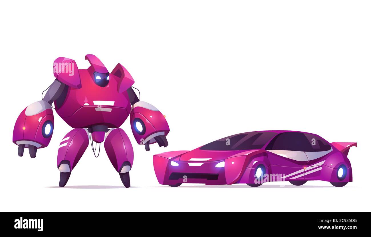 Robot trasformatore e auto sportiva, robotica e tecnologie di intelligenza artificiale cyborg, combattimento militare esoscheletro carattere, lotta alieno cybernetico guerriero giocattolo bambini, Cartoon vettore illustrazione Illustrazione Vettoriale