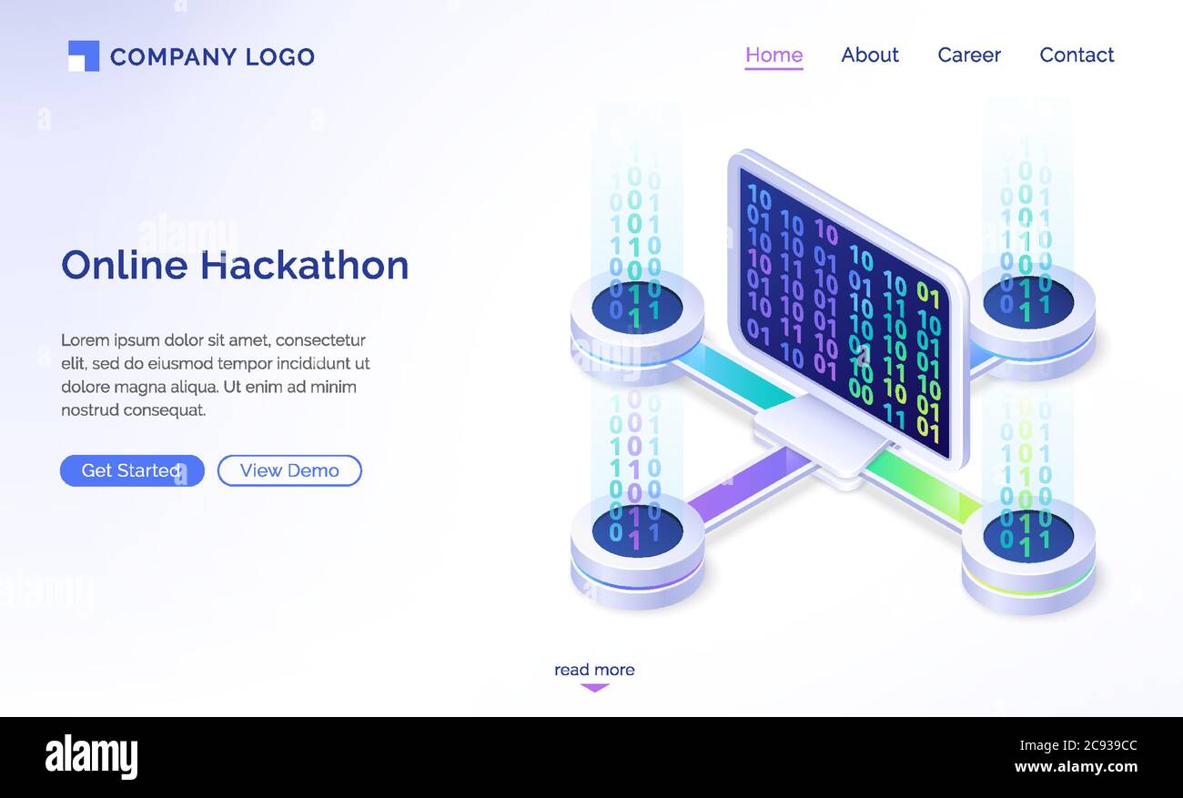Pagina di destinazione isometrica di hackathon online. Computer desktop con codice binario su schermo collegato a piattaforme remote. Sviluppo software per PC, codifica, utilizzo di digital data concept banner Web vettoriale 3d Illustrazione Vettoriale