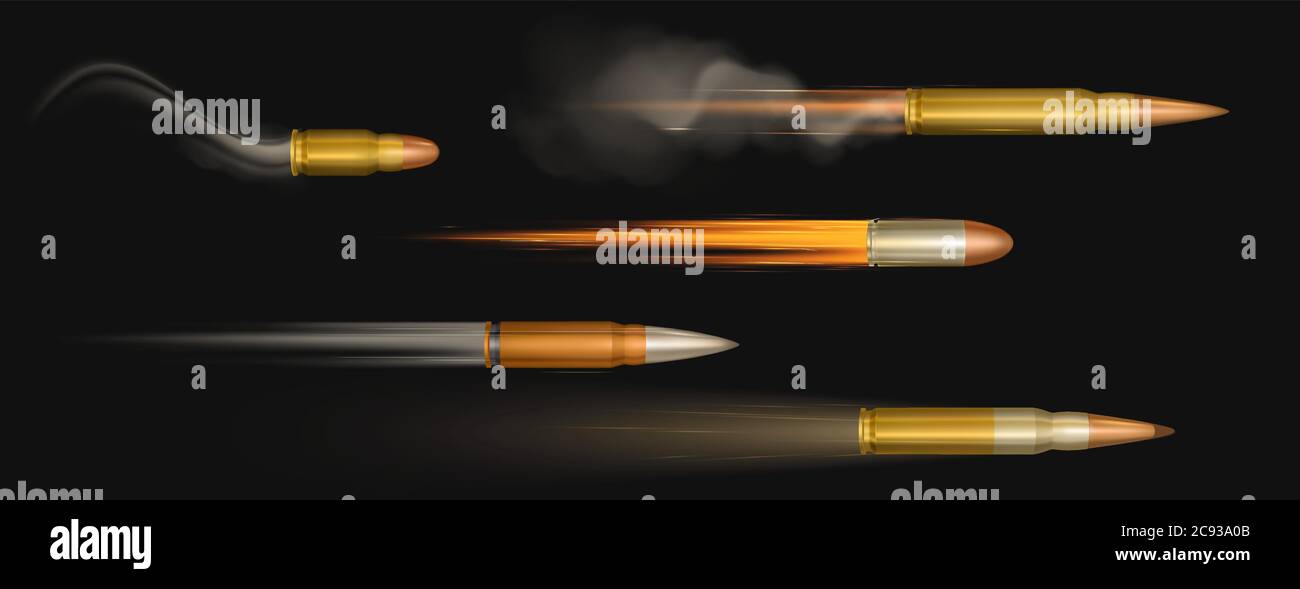 Proiettili volanti con tracce di fuoco e fumo. Sparare armi militari sparare sentieri, sparare in movimento, armi metallo colpi, munizioni isolato su sfondo nero, realistico 3d vettore set Illustrazione Vettoriale