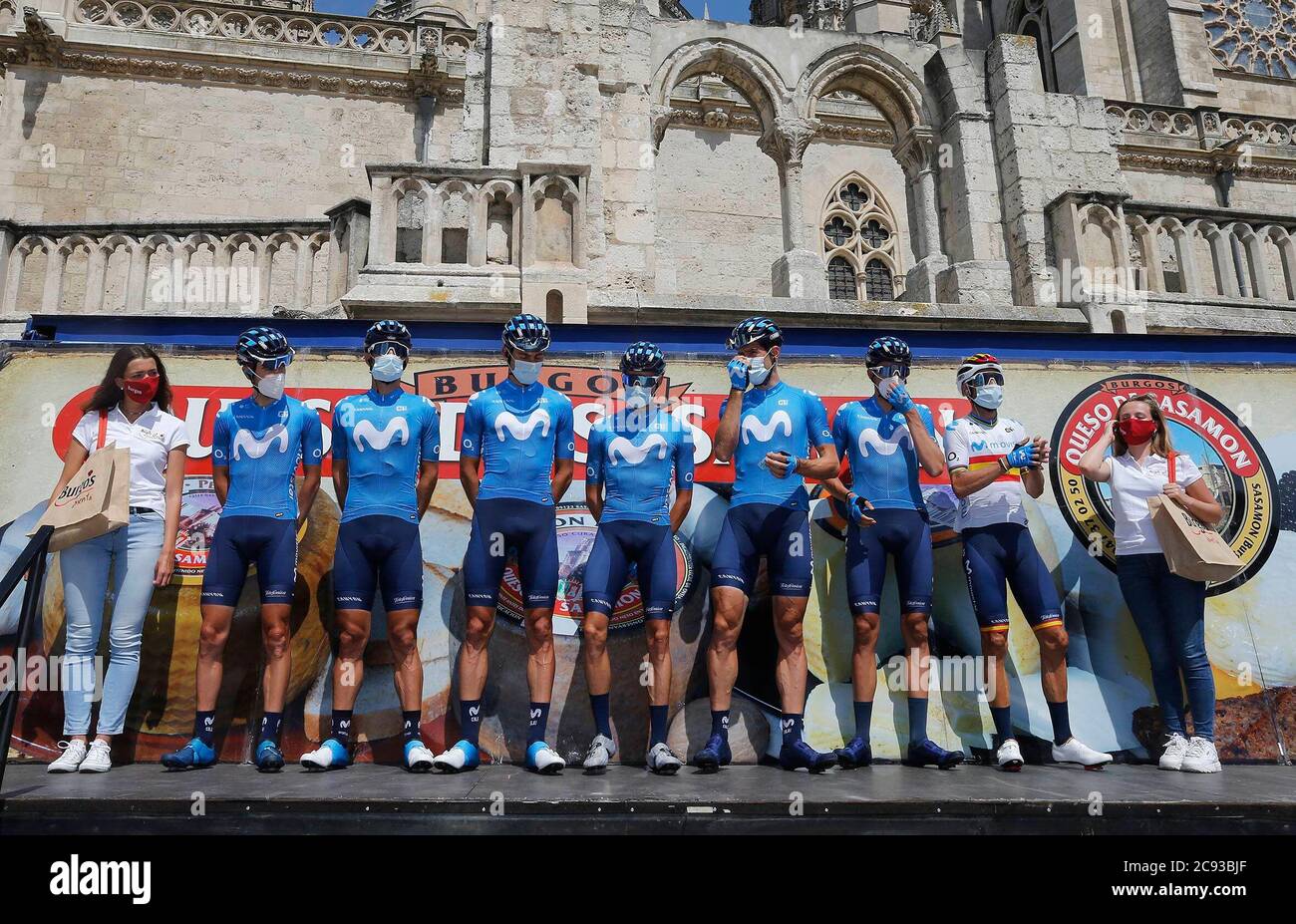 Burgos, Spagna. 28 luglio 2020. Movistar Alejandro Valverde Imanol Erviti Antonio Pedrero Marc Soler Enric Mas Carlos Verona Lluis Mas Presentazione delle squadre che fanno parte del tour ciclistico di Burgos, luglio 2020 Credit: CORDON PRESS/Alamy Live News Foto Stock