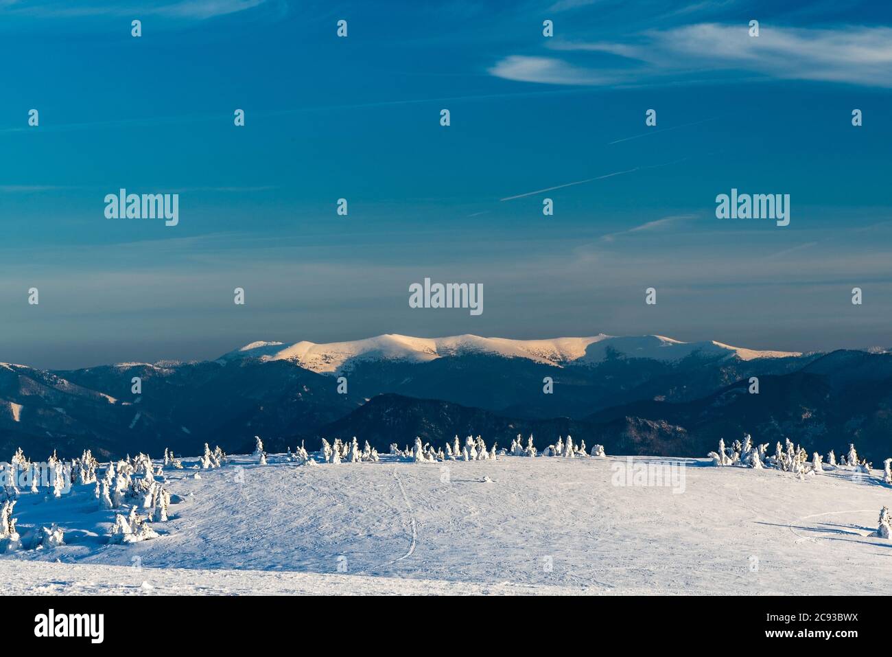 La parte più alta dei monti Velka Fatra dal bordo del foro di Martinske vicino alla collina di Veterne nelle montagne di Mala Fatra in Slovacchia durante la bella giornata invernale Foto Stock