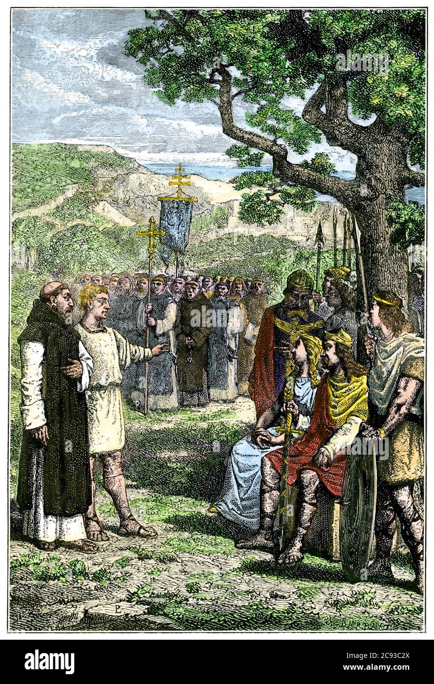 Incontro di Sant'Agostino con Aethelbert a Canterbury, 597 d.C. Taglio in legno colorato a mano Foto Stock