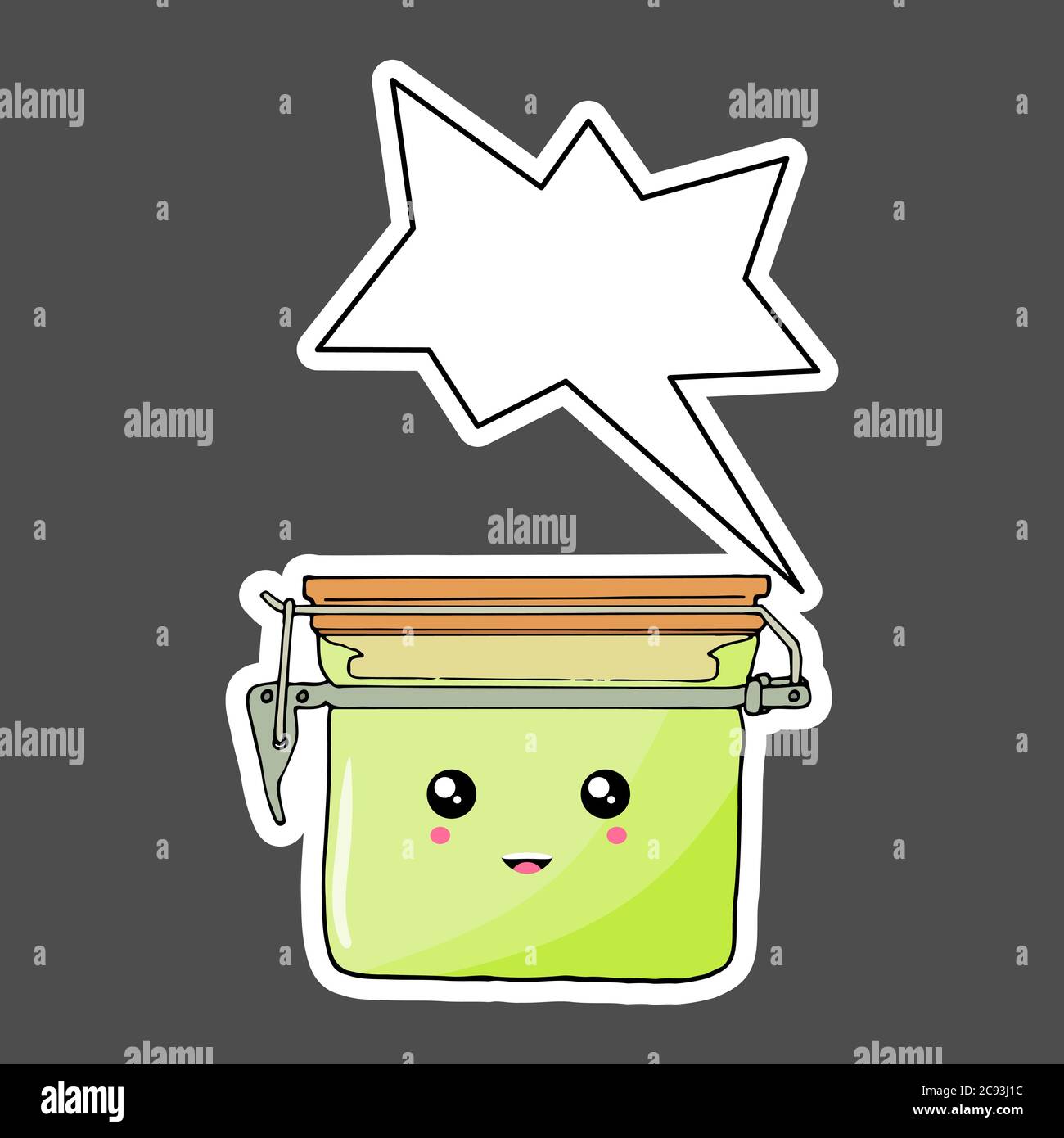 Adesivo Kawaii colorato cartone animato vaso con bolla pensiero. Illustrazione vettoriale isolata su sfondo scuro. Illustrazione Vettoriale