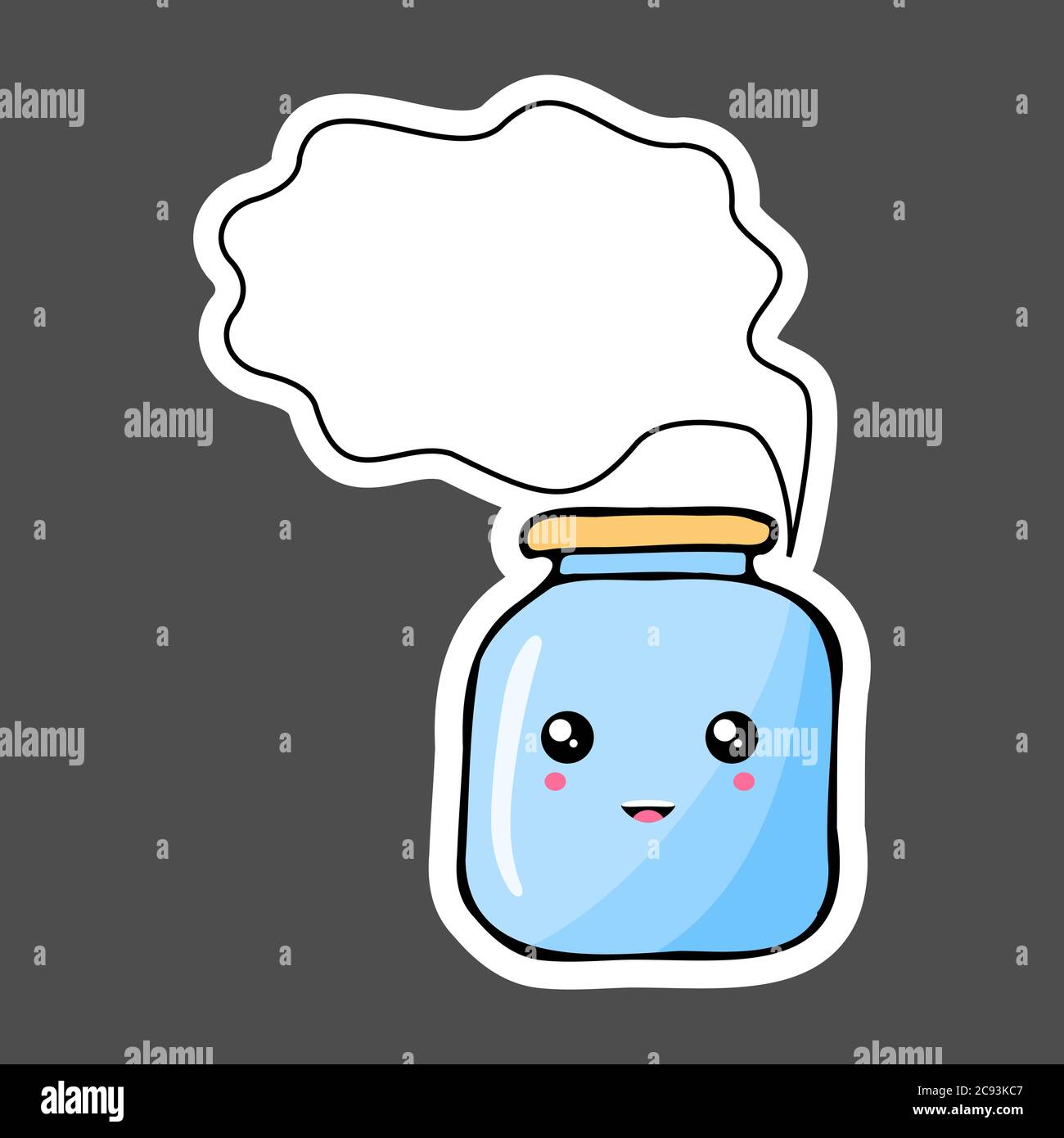 Adesivo Kawaii colorato cartone animato vaso con bolla pensiero. Illustrazione vettoriale isolata su sfondo scuro. Illustrazione Vettoriale