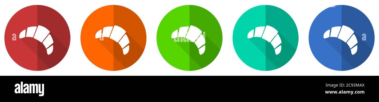 Set di icone croissant, pulsanti web a disegno piatto rosso, blu, verde e arancione isolati su sfondo bianco, illustrazione vettoriale Illustrazione Vettoriale