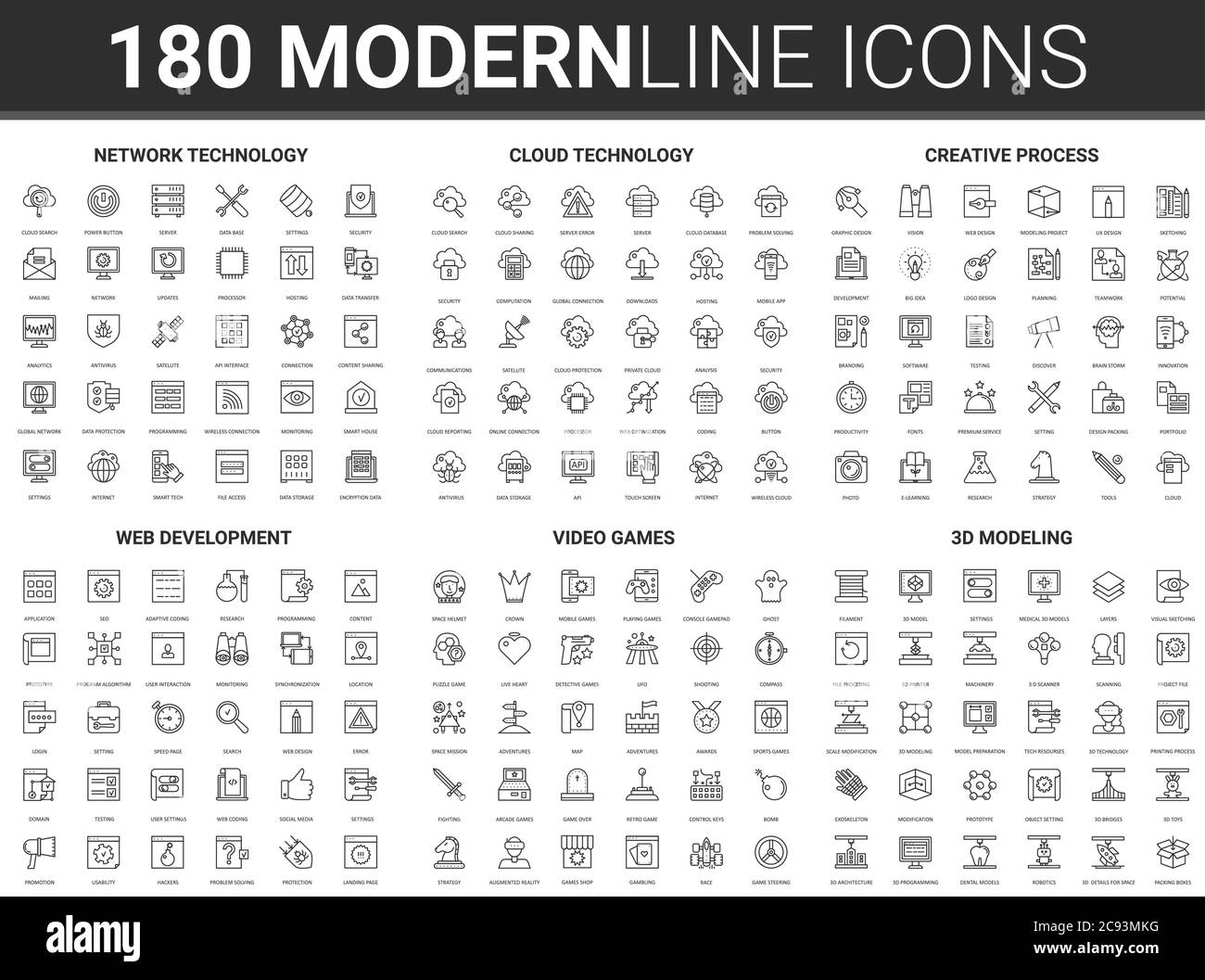 Illustrazione vettoriale della tecnologia digitale Data Cloud. Set di icone flat thin line di processi tecnologici scientifici creativi, sicurezza web di rete, sviluppo di siti web e videogiochi, simboli infografici di modellazione 3d Illustrazione Vettoriale