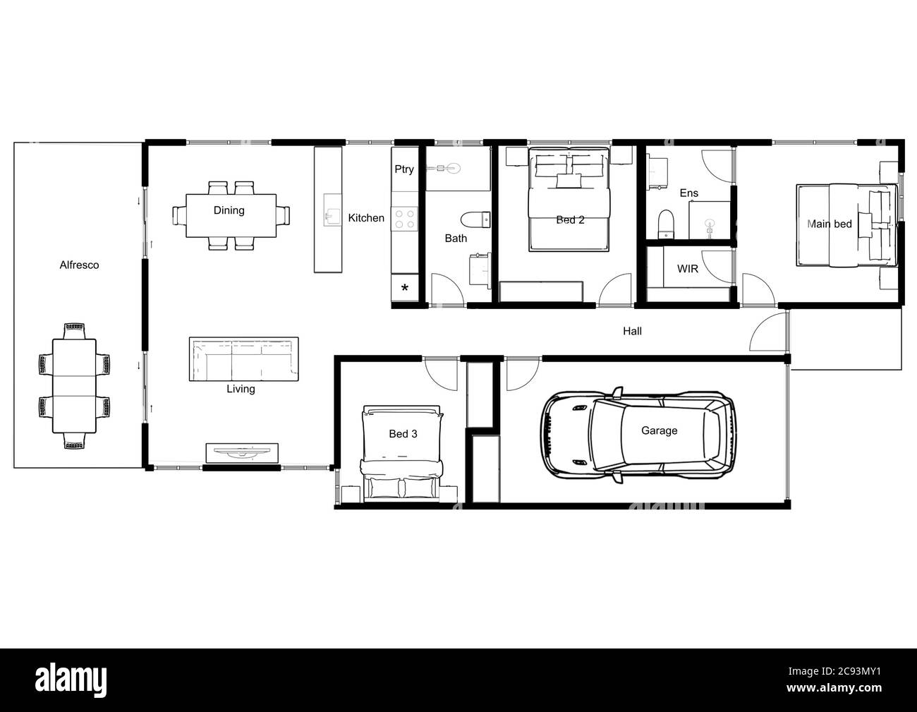 Casa con interni, pianta del pavimento, blueprint e pareti colorate su sfondo bianco. illustrazione 3d. Foto Stock
