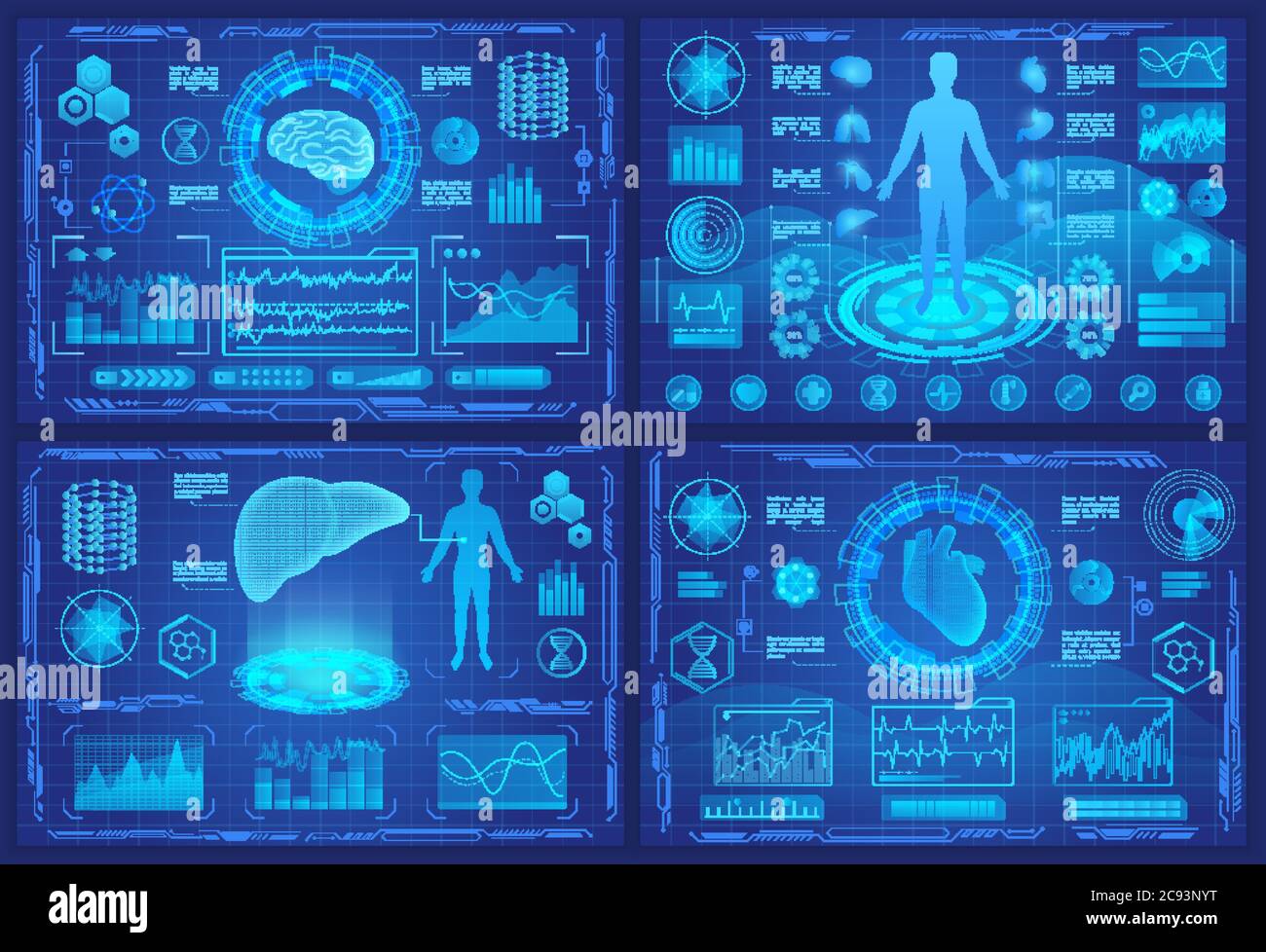 Illustrazioni vettoriali futuristiche di ologramma vr per uso medico. Set di interfaccia per la medicina del futuro schermo ui con organi umani digitali, raccolta di dashboard per il fegato del cuore Illustrazione Vettoriale