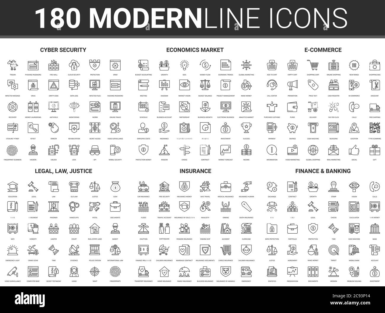 Giustizia giuridica, cyber sicurezza e assicurazione finanziaria illustrazione vettoriale. Set di icone a linea sottile piatto di simboli di avvocati e giudici del sistema giudiziario, dati digitali o raccolta di sicurezza del commercio economico Illustrazione Vettoriale