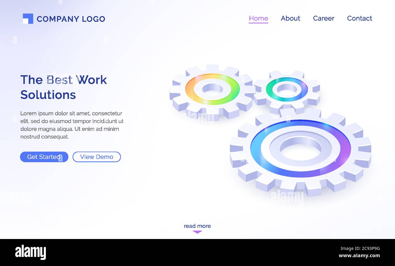 Le migliori soluzioni di lavoro landing page isometrica, motoriduttori, processo di lavoro dei meccanismi a ruote dentate, cooperazione di squadra, strategia aziendale o concetto innovativo di sviluppo di idee, banner web vettoriale 3d Illustrazione Vettoriale