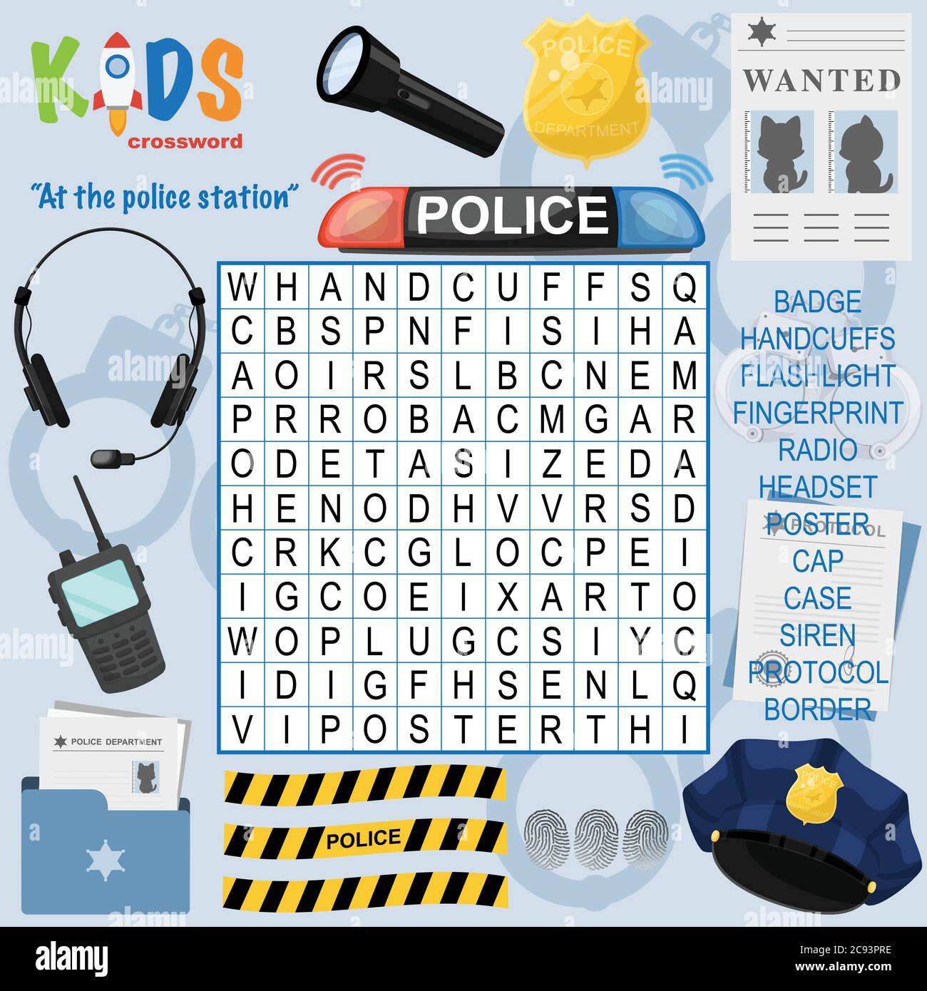 Facile ricerca parola crossword puzzle 'alla stazione di polizia', per i bambini nelle scuole elementari e medie. Modo divertente di praticare la comprensione del linguaggio An Illustrazione Vettoriale