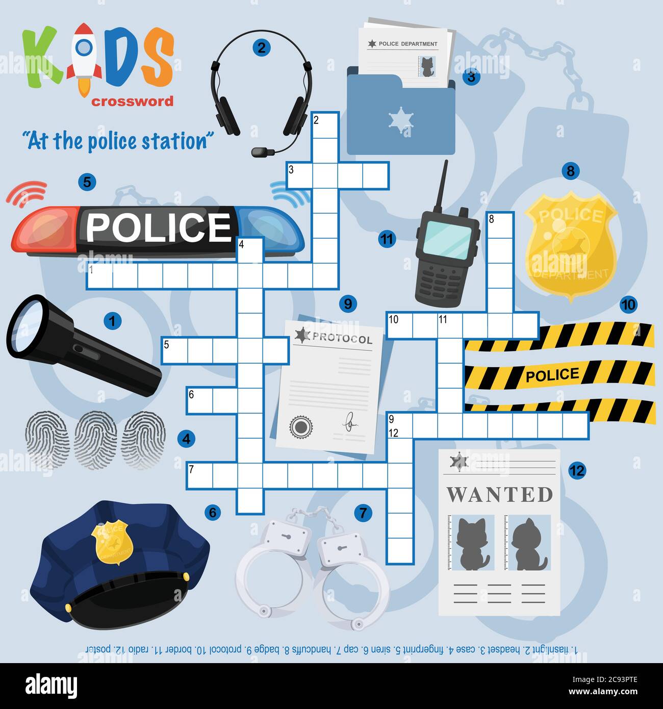 Facile ricerca parola crossword puzzle 'alla stazione di polizia', per i bambini nelle scuole elementari e medie. Modo divertente di praticare la comprensione del linguaggio An Illustrazione Vettoriale