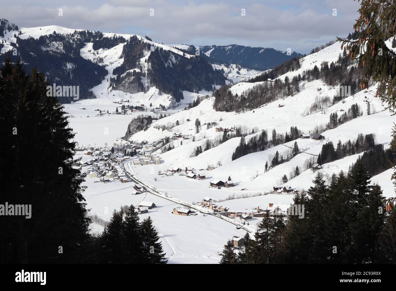 Euthal, Kanton Schwyz (SZ)/ Svizzera - Febbraio 09 2019: Vista verso il villaggio Euthal - situato nel cuore di Switzland - in una bella giornata in inverno Foto Stock