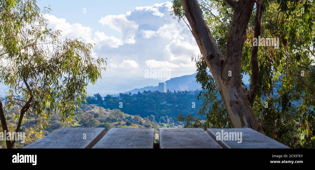 Vista da un tavolo da picnic di colline verdi ondulate vicino a Los Angeles con edifici alti in lontananza in una giornata nuvolosa Foto Stock