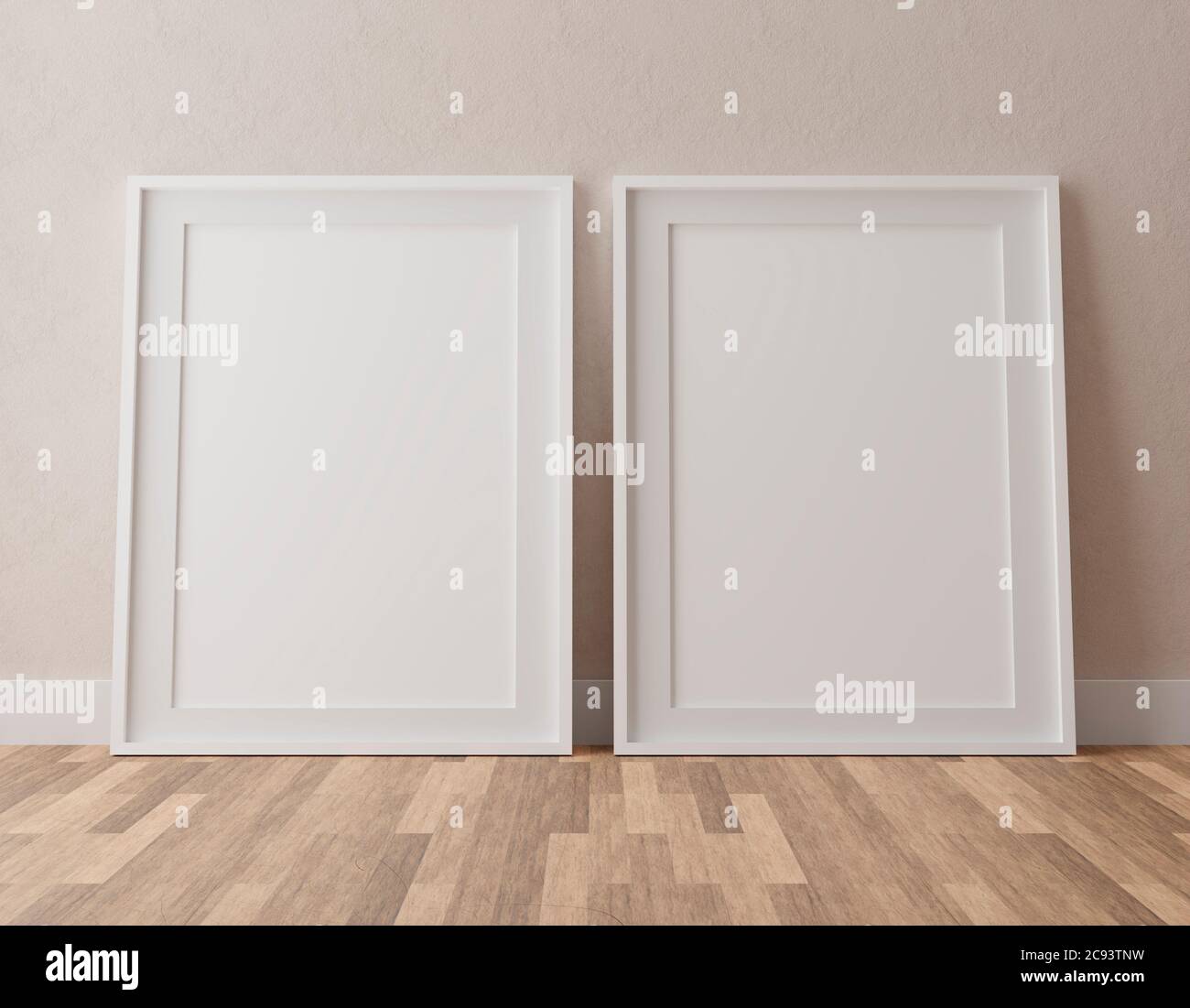 Due cornici verticali bianche, cornice bianca su parete beige, illustrazione 3d Foto Stock