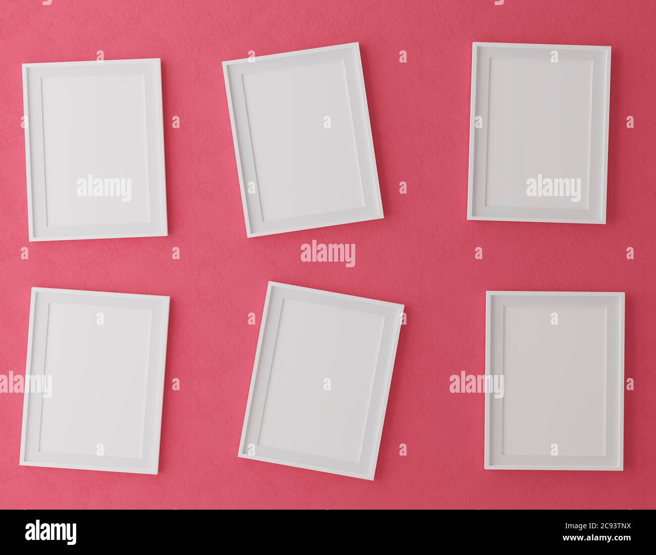 Sei montatura verticale in legno su sfondo rosso con piante, illustrazione 3d Foto Stock