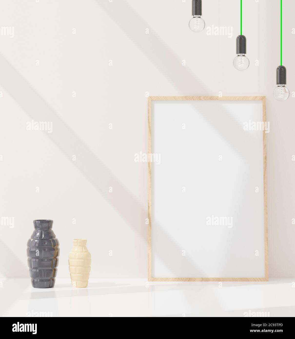 Cornice verticale vuota per poster in piedi su una parete beige. Una cornice in legno isolata all'interno scandinavo. rendering 3d Foto Stock