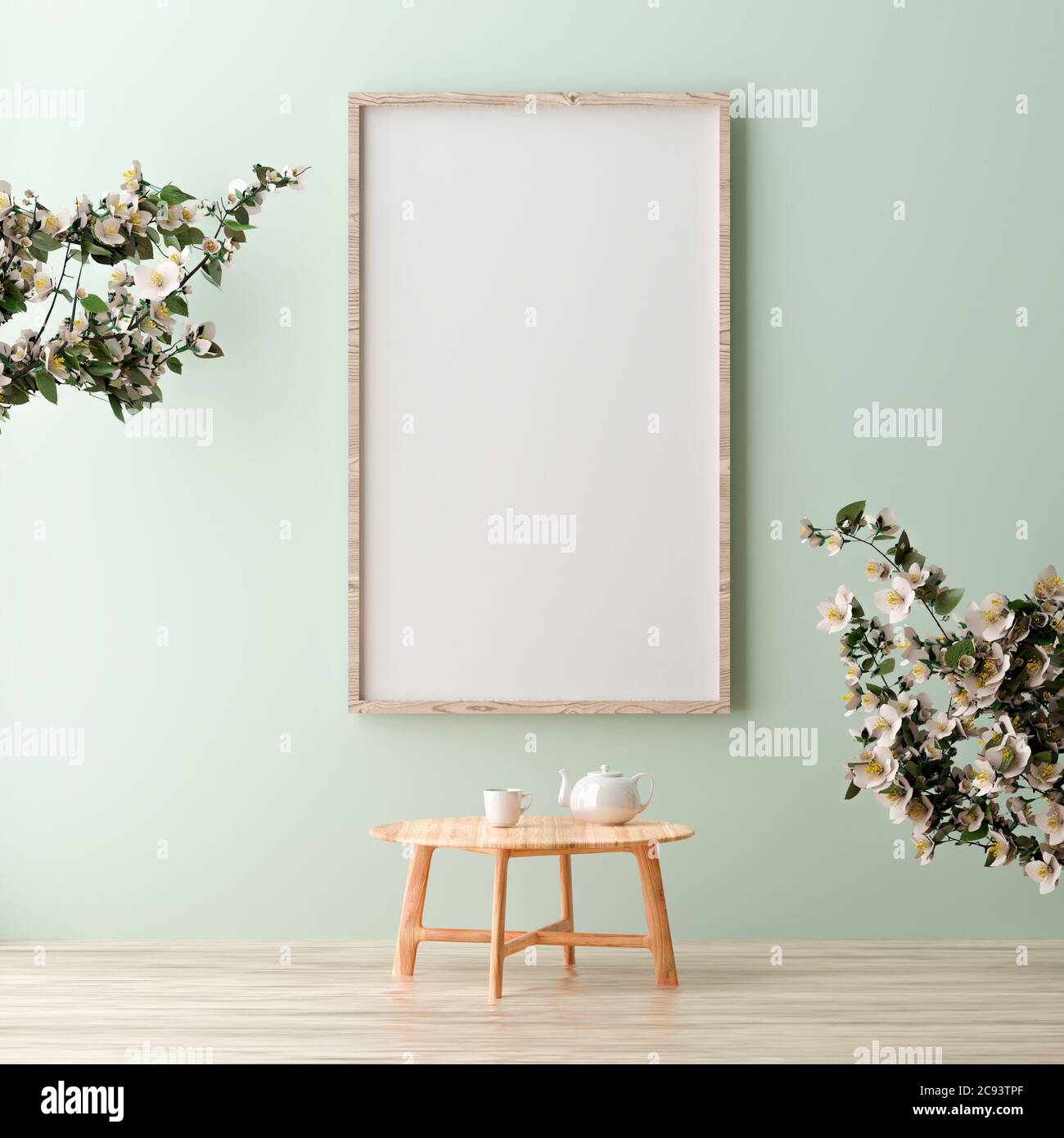Cornice verticale vuota per poster in piedi sulla parete verde. Una cornice in legno isolata all'interno scandinavo. rendering 3d Foto Stock
