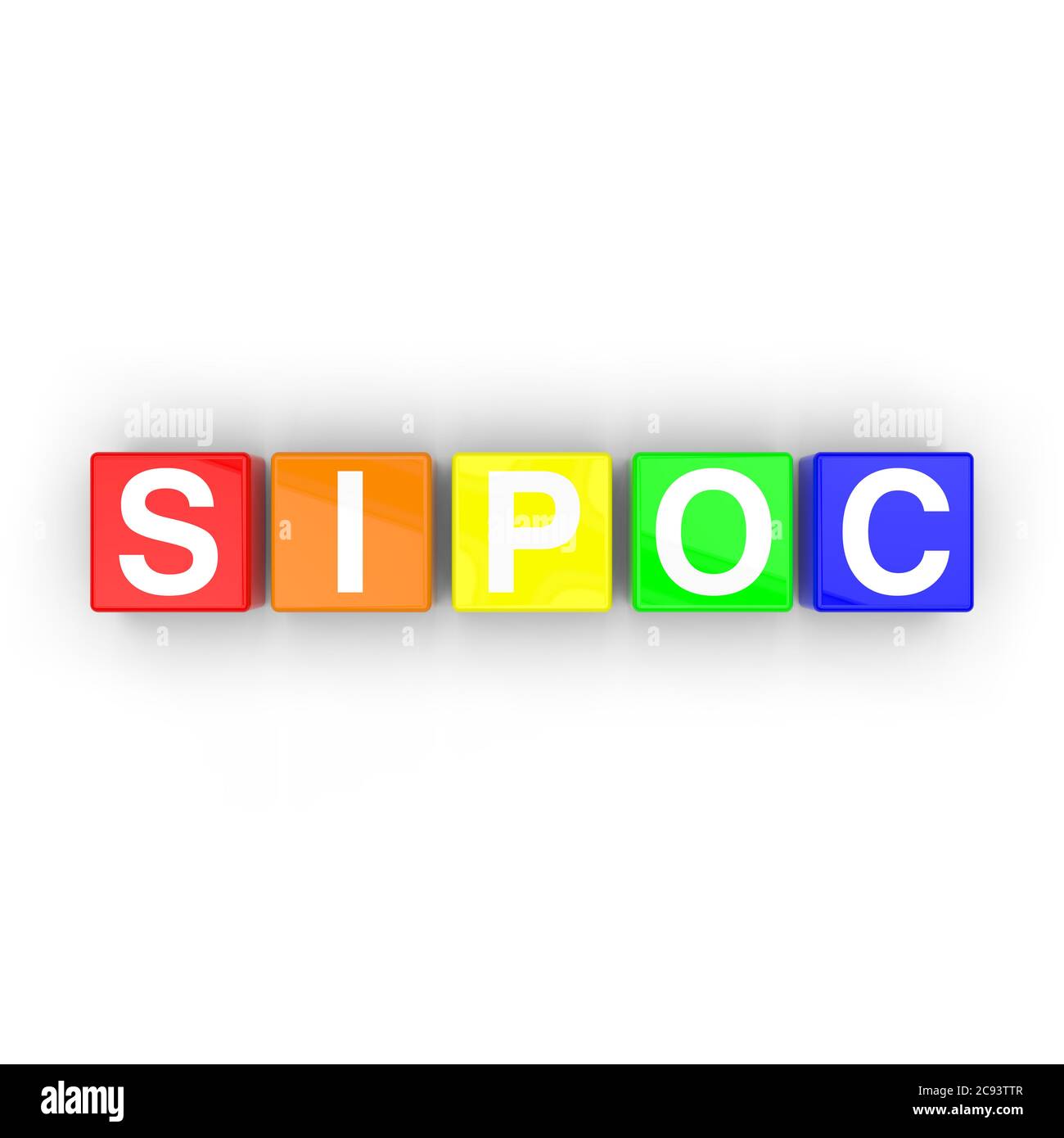 Blocchi colorati con lettere SIPOC che è l'acronimo commerciale per fornitore, input, processo, output e cliente su sfondo bianco Foto Stock