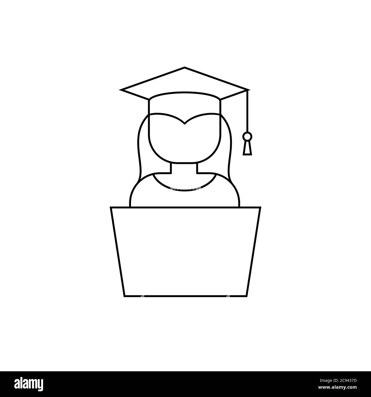 College girl con icona della linea del laptop. Studente con una lavagna davanti al computer. Concetto di e-learning. Formazione online. Scuola domestica. Contorno nero Illustrazione Vettoriale