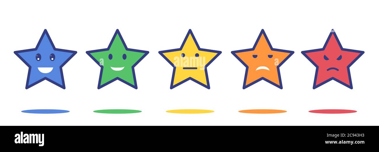Cinque stelle di classificazione vettore. Icone colorate con varie espressioni Illustrazione Vettoriale
