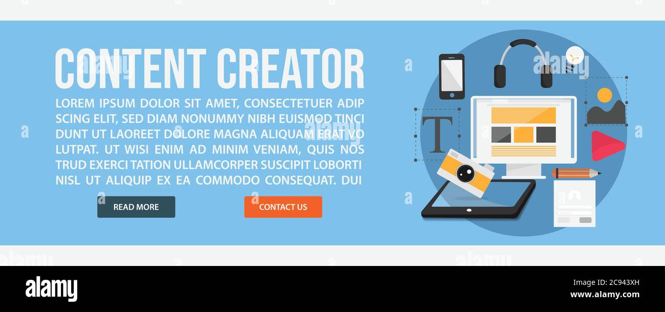 Modello banner Web creatore contenuto. Disegno piatto stile di disegno disegno vettoriale di disegno di illustrazione del Web del creatore del contenuto Illustrazione Vettoriale