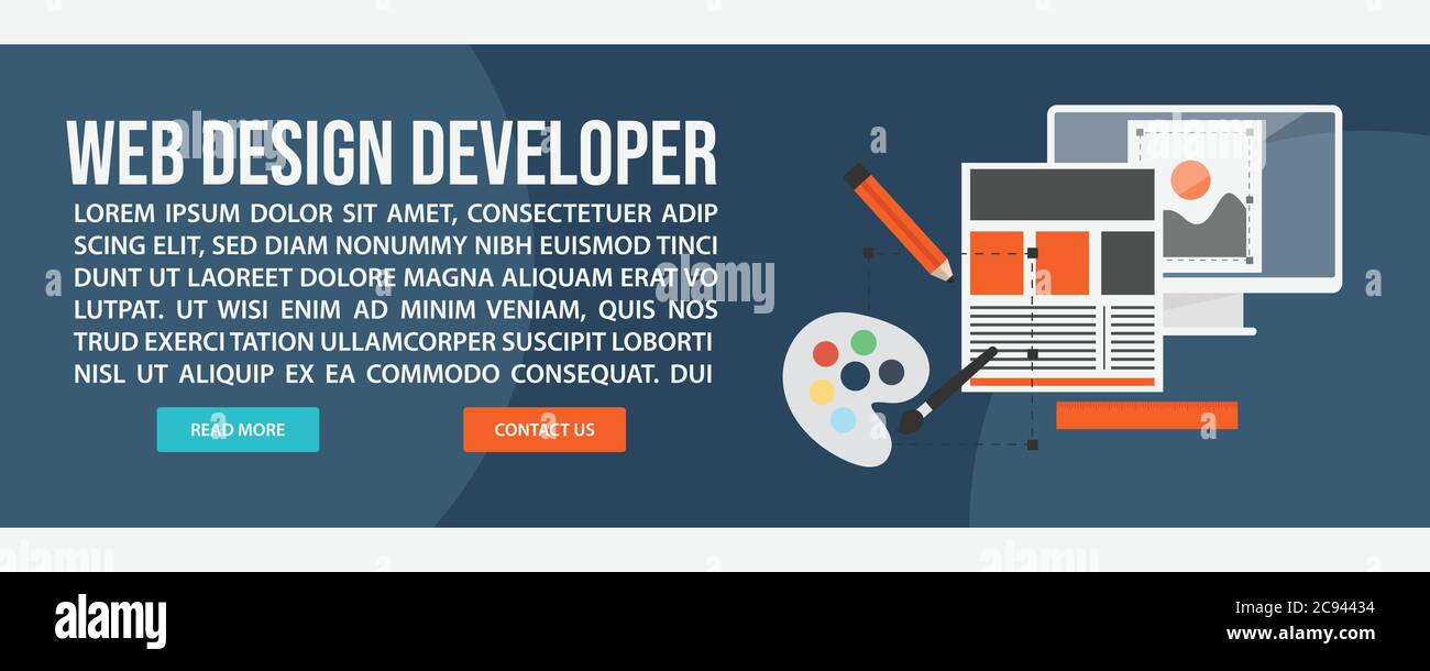 Modello di banner Web di progettazione e sviluppo. Disegno piatto disegno Web e sviluppo disegno vettoriale banner Illustrazione Vettoriale