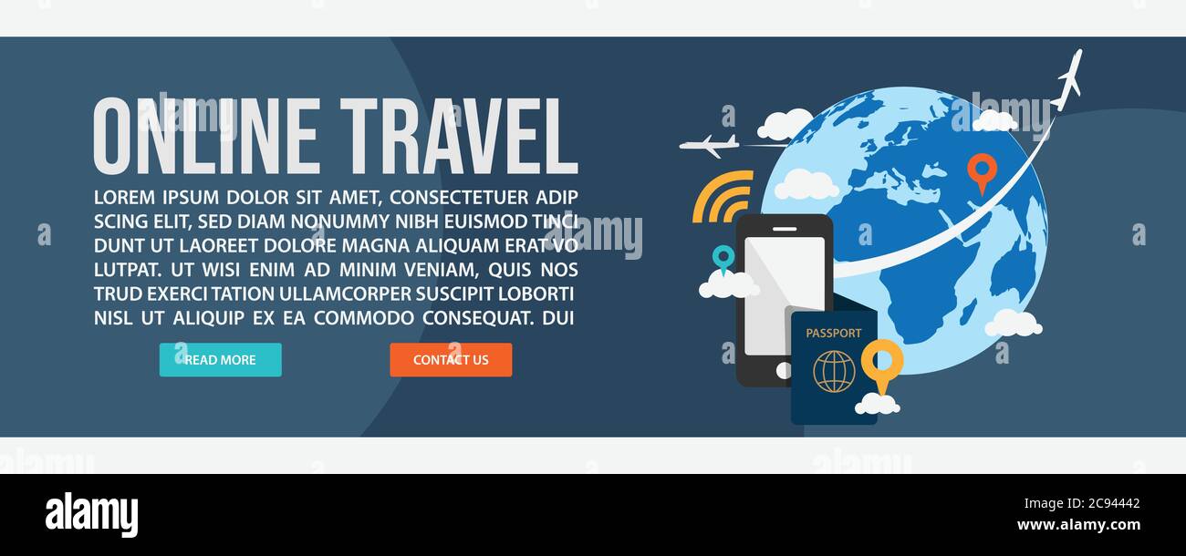 Design modello banner web di viaggio online. Stile di disegno piatto disegno vettoriale di banner Web di viaggio online Illustrazione Vettoriale